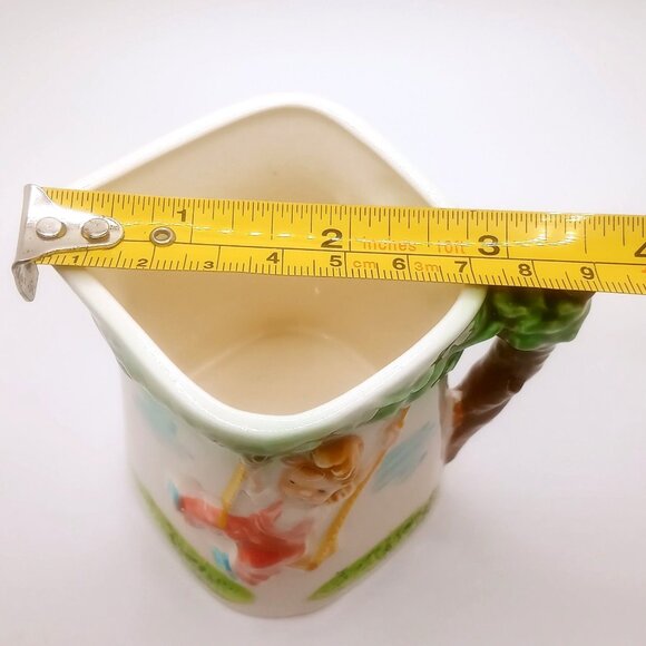 Vintage Ceramic Creamer Pitcher Girl Swing Design 3.5" Tall Tree Branch Handle - Picture 8 of 8